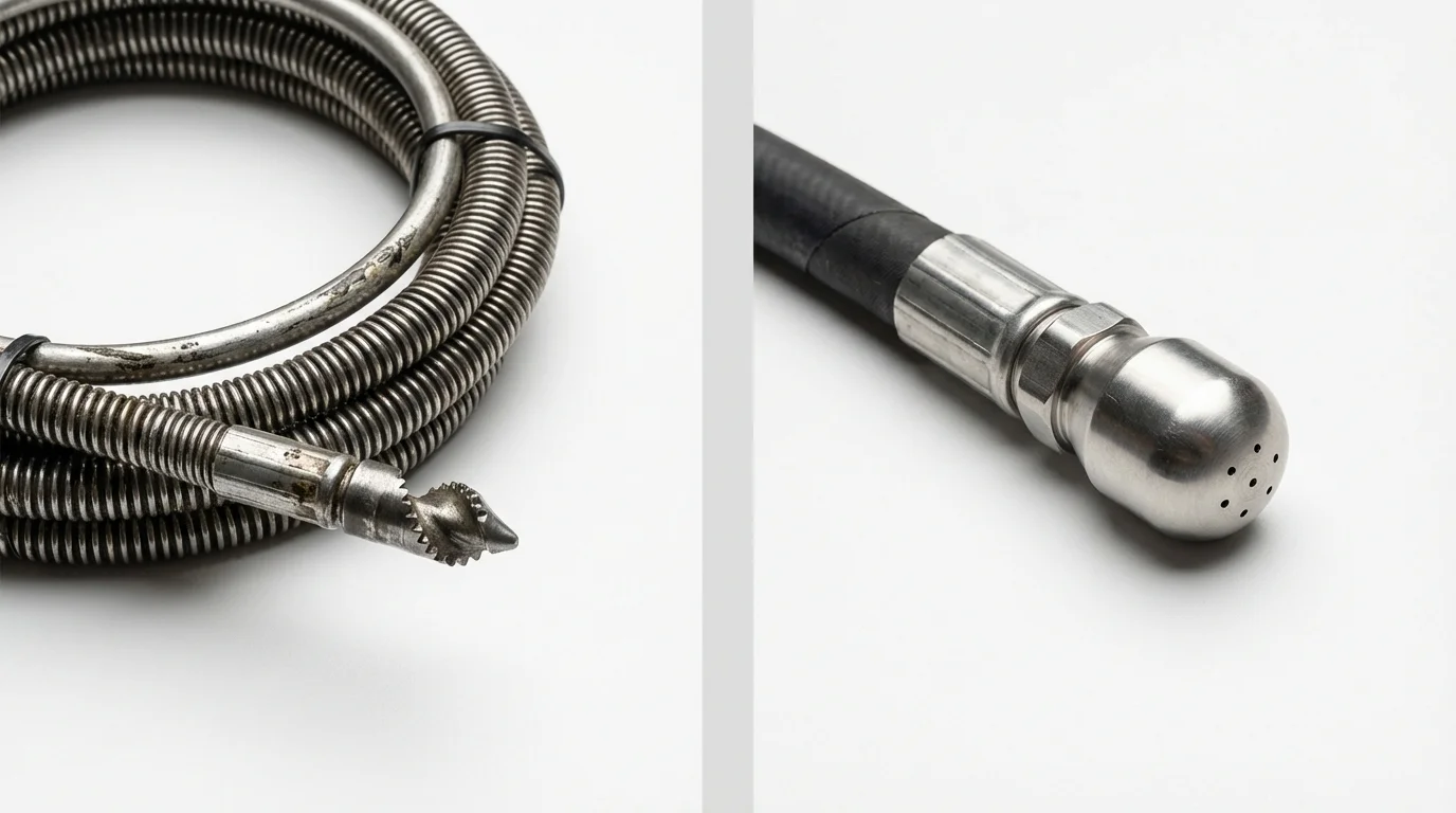 Drain snake cable and hydro jetting nozzle used for drain cleaning in Hope, ME