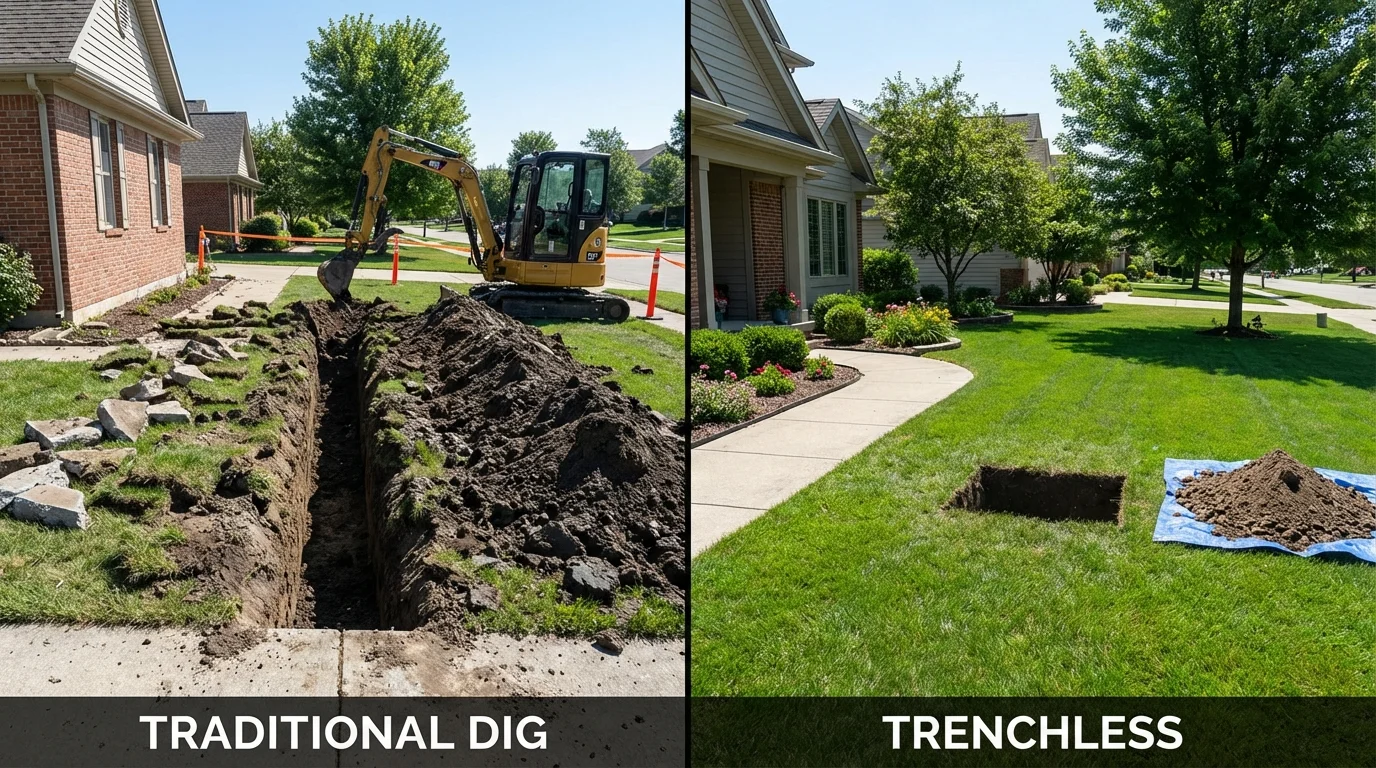 Trenchless sewer repair with minimal yard damage versus traditional excavation in Hope, ME